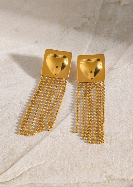 18k gold stainless steel glossy square heart heart hanging gold steel beads tassel earrings There are left and right sides