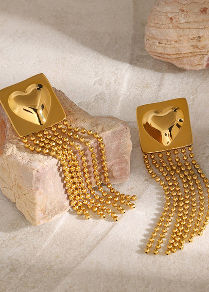 18k gold stainless steel glossy square heart heart hanging gold steel beads tassel earrings There are left and right sides