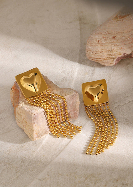 18k gold stainless steel glossy square heart heart hanging gold steel beads tassel earrings There are left and right sides