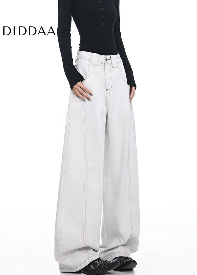 Beige Deconstructed Loose Wide-Leg Scimitar Jeans - Women’s Jeans