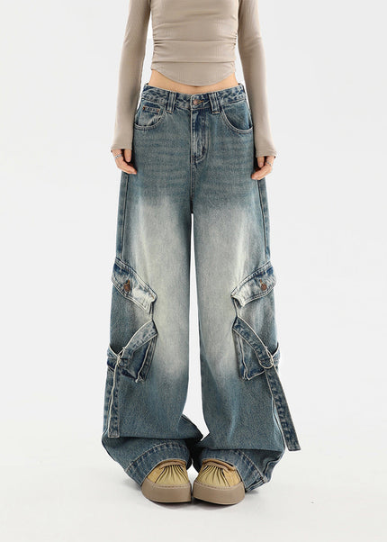 Beige Distressed Multi-Pocket Cargo Wide Leg Jeans - Women’s Jeans