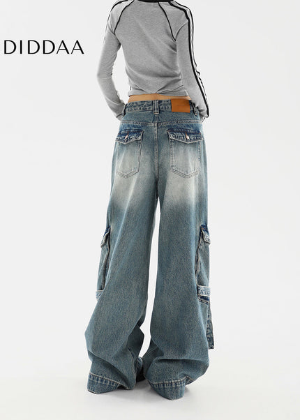 Beige Distressed Multi-Pocket Cargo Wide Leg Jeans - Women’s Jeans