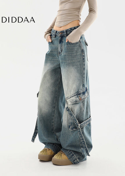 Beige Distressed Multi-Pocket Cargo Wide Leg Jeans - Women’s Jeans