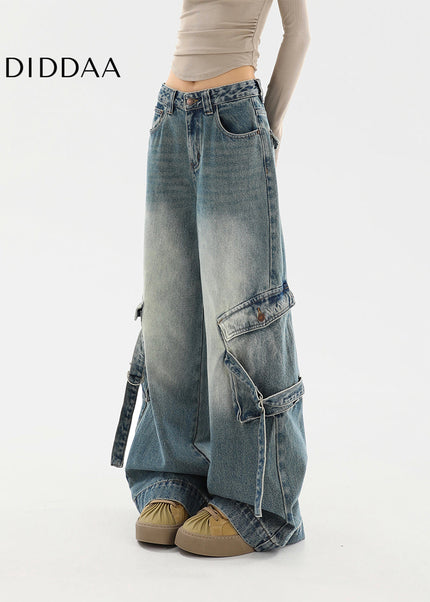 Beige Distressed Multi-Pocket Cargo Wide Leg Jeans - Women’s Jeans