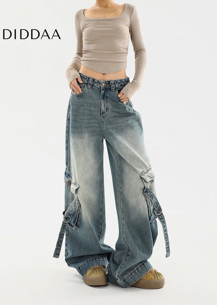Beige Distressed Multi-Pocket Cargo Wide Leg Jeans - Women’s Jeans