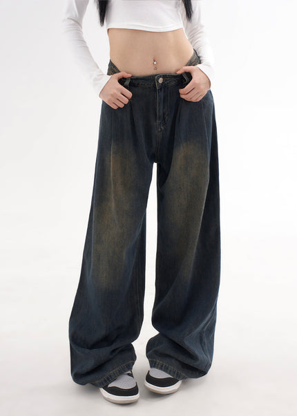 Beige Loose Drap Casual Wide-Leg Jeans for Women - Women’s Jeans