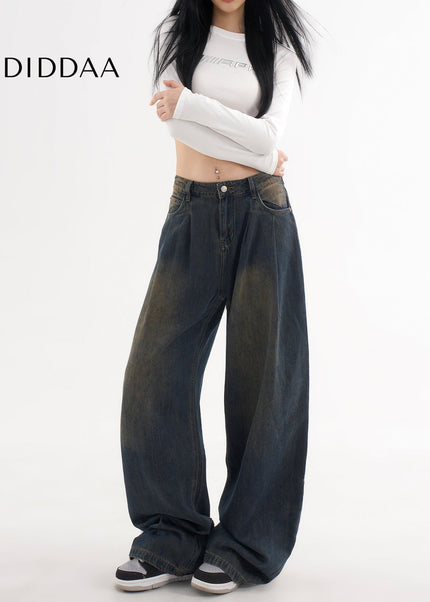 Beige Loose Drap Casual Wide-Leg Jeans for Women - Women’s Jeans