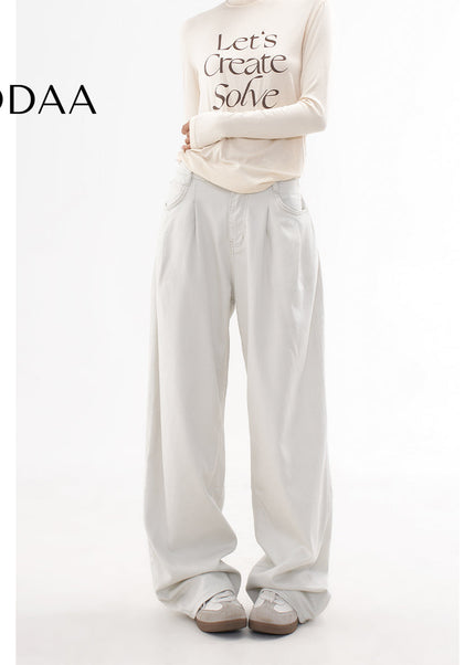 Beige Loose Drap Casual Wide-Leg Jeans for Women - XS / White - Women’s Jeans