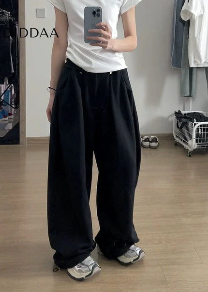 Beige Loose Fit Baggy Sweatpants Women Y2K Streetwear - Black / S - Unisex Sweatpants