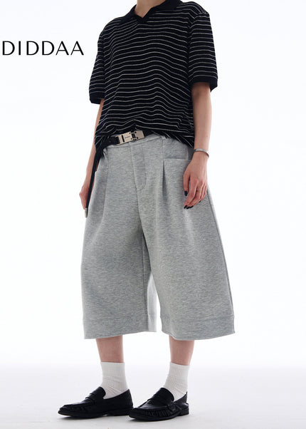 Beige Loose Fit Cropped Wide-leg Pants for Men and Women - Unisex Sweatpants