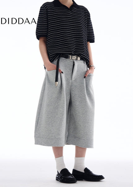 Beige Loose Fit Cropped Wide-leg Pants for Men and Women - Unisex Sweatpants