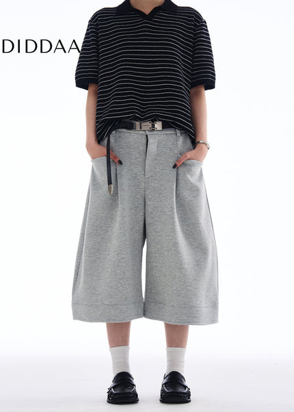 Beige Loose Fit Cropped Wide-leg Pants for Men and Women - Unisex Sweatpants