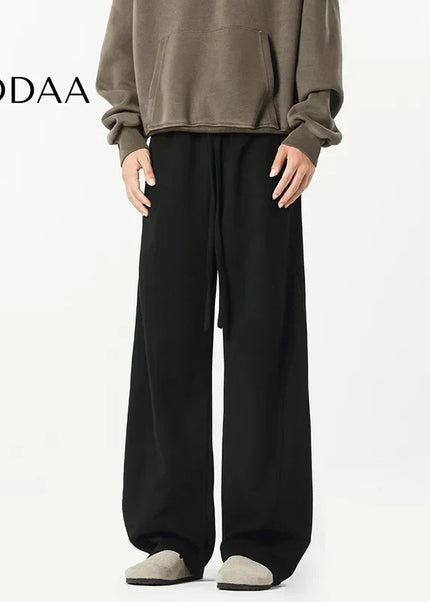 Beige Loose Fit Draped American Style Straight-Leg Pants - Unisex Sweatpants