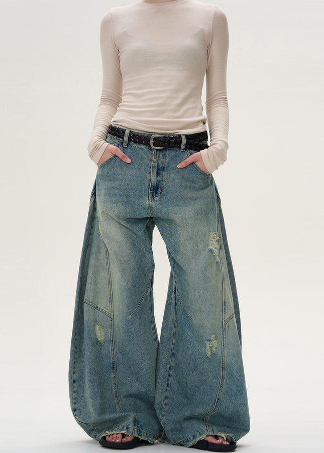 Beige Loose Fit Scimitar Jeans with Three-Dimensional Cut - Men’s Jeans