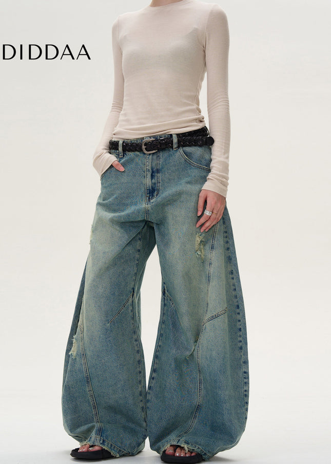 Beige Loose Fit Scimitar Jeans with Three-Dimensional Cut - Men’s Jeans