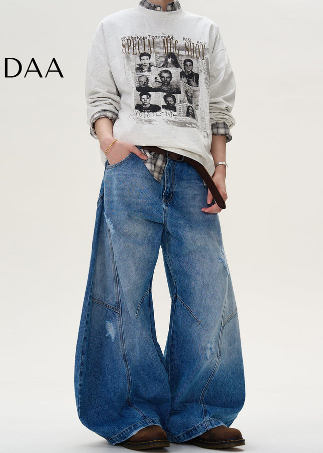 Beige Loose Fit Scimitar Jeans with Three-Dimensional Cut - S / Mid Blue - Men’s Jeans