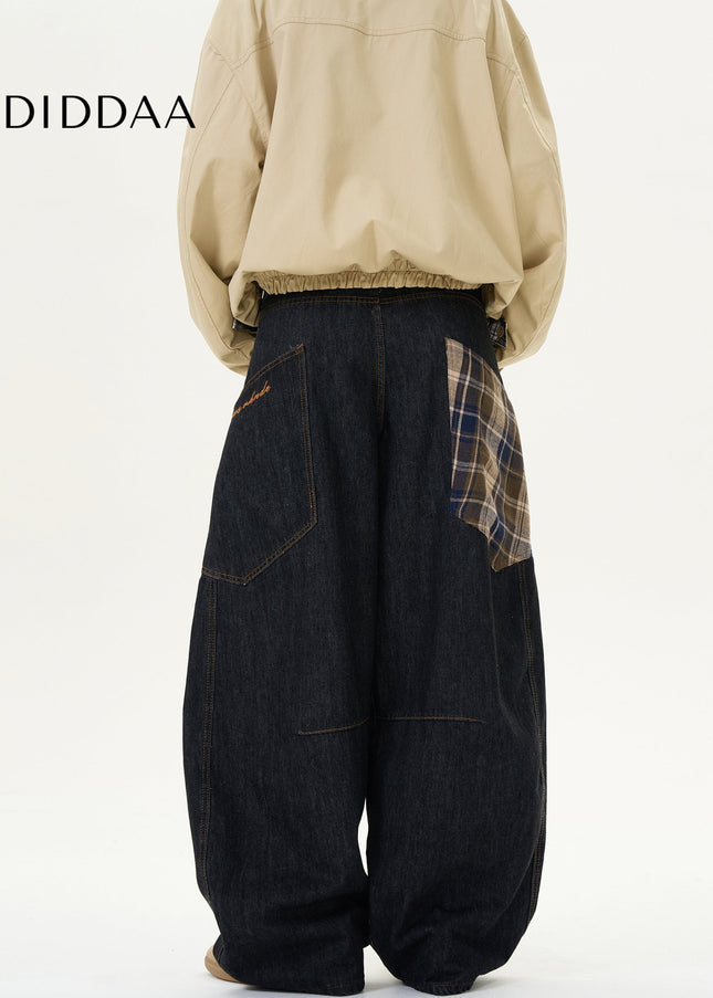 Beige Loose Fit Stitched Plaid Scimitar Jeans - Men’s Jeans