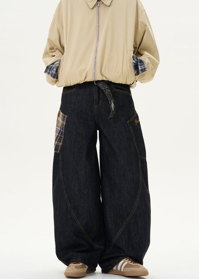 Beige Loose Fit Stitched Plaid Scimitar Jeans - Men’s Jeans