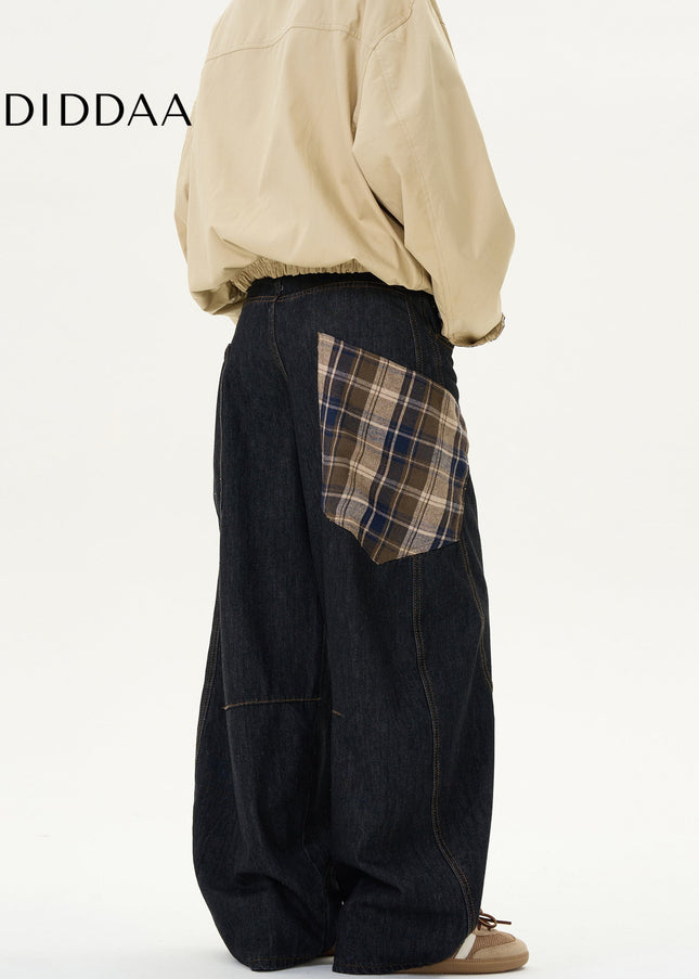 Beige Loose Fit Stitched Plaid Scimitar Jeans - Men’s Jeans