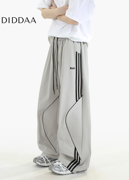 Beige Loose Fit Striped Casual Pants for Men and Women - Unisex Sweatpants