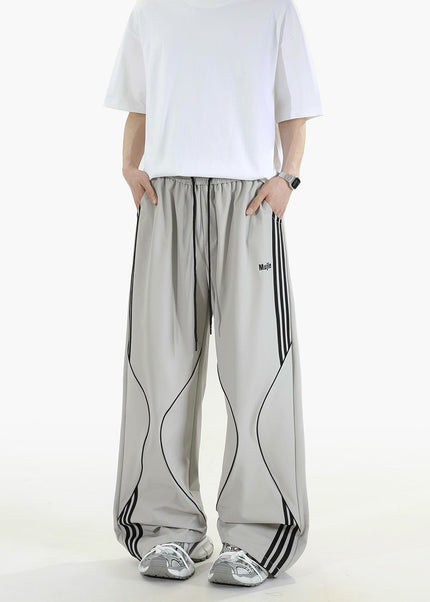 Beige Loose Fit Striped Casual Pants for Men and Women - Unisex Sweatpants