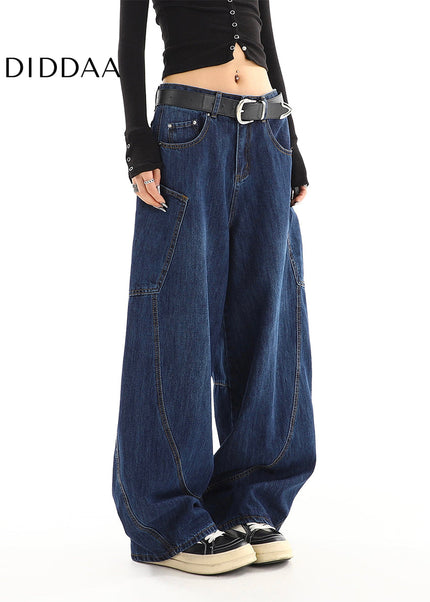 Beige Loose Fit Wide-Leg Mop Trousers with Pockets - Women’s Jeans