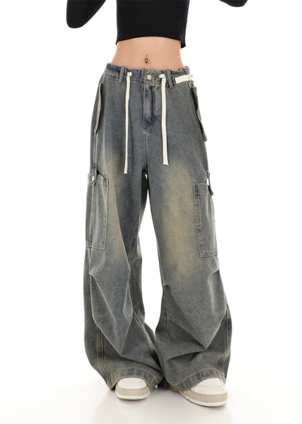 Beige Loose Wide Leg Cargo Jeans with Drawstring Design - Women’s Jeans