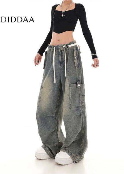 Beige Loose Wide Leg Cargo Jeans with Drawstring Design - Women’s Jeans