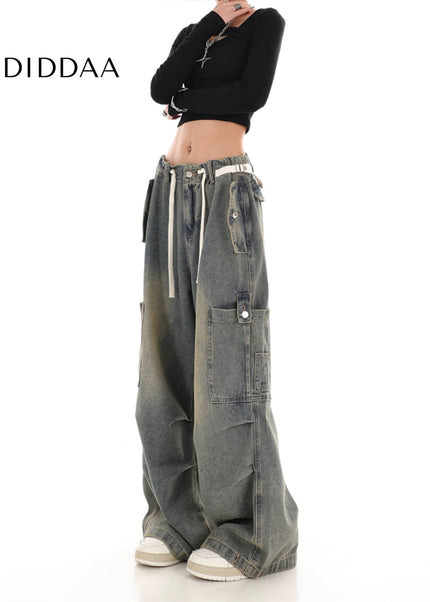 Beige Loose Wide Leg Cargo Jeans with Drawstring Design - Women’s Jeans