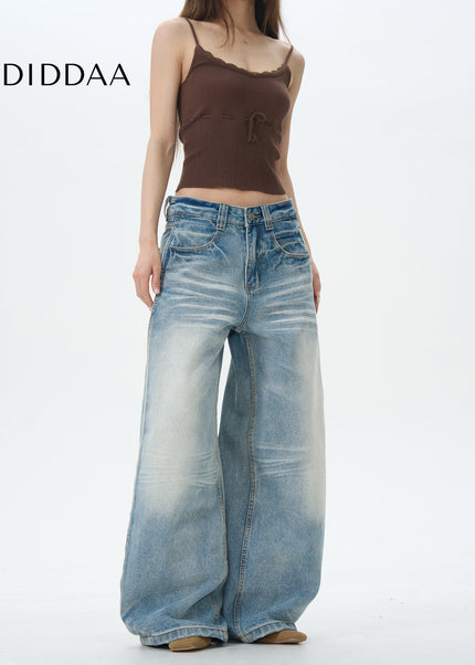 Beige Pleated Jeans with American Retro Design - Women’s Jeans