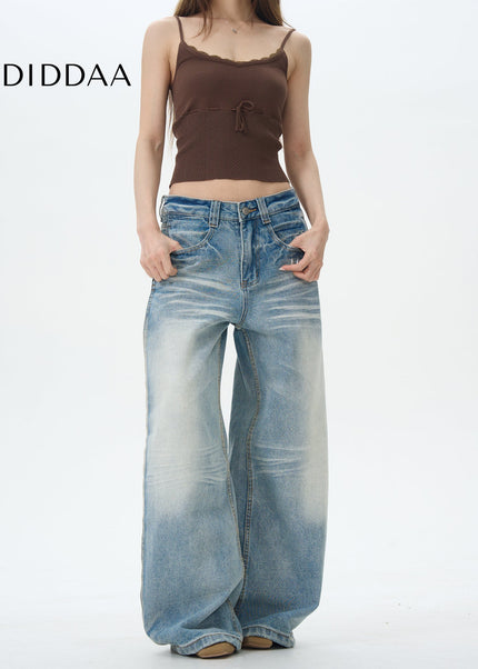 Beige Pleated Jeans with American Retro Design - Women’s Jeans