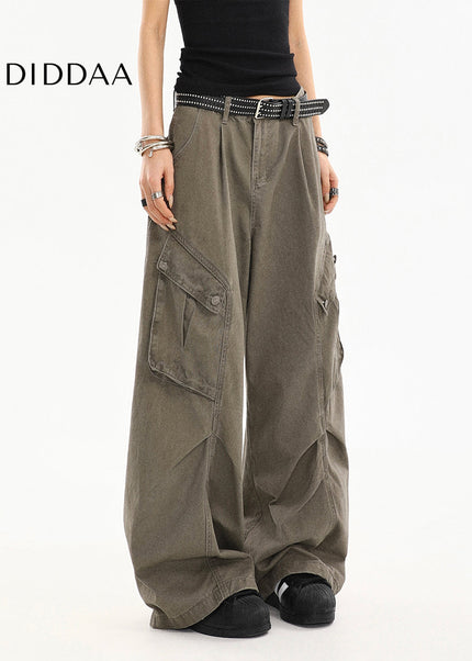 Beige Pleated Loose Straight Cargo Jeans - Women’s Jeans