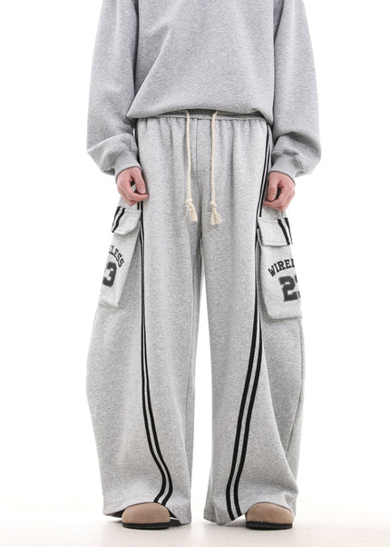 Beige Striped Large Pocket Scimitar Sweatpants - Unisex Sweatpants