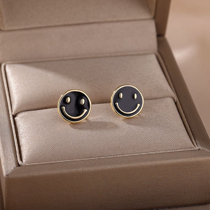 House of Shakespeare Black 14K Gold Plated Earrings Bentleigh Earrings | Gold Smiley Face Stud Earrings