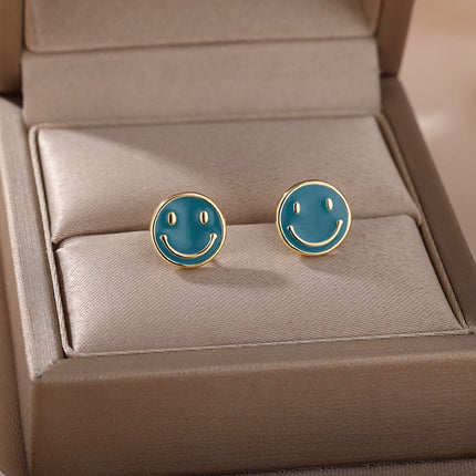 House of Shakespeare Blue 14K Gold Plated Earrings Bentleigh Earrings | Gold Smiley Face Stud Earrings