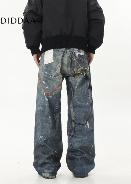 Black 3D Printed Chain Print Baggy Wide-Leg Jeans - Women’s Jeans