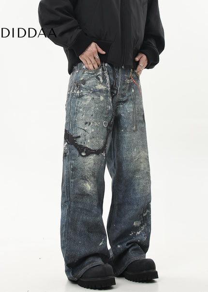 Black 3D Printed Chain Print Baggy Wide-Leg Jeans - Women’s Jeans