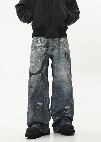 Black 3D Printed Chain Print Baggy Wide-Leg Jeans - Women’s Jeans