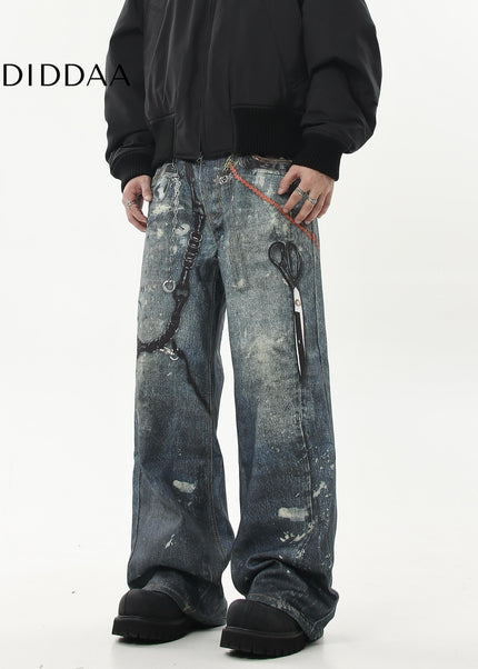 Black 3D Printed Chain Print Baggy Wide-Leg Jeans - Women’s Jeans