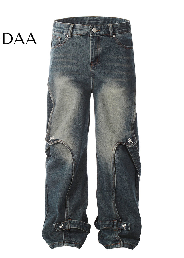 Black Deconstructed Patchwork Strappy Jeans - S / Blue - Women’s Jeans