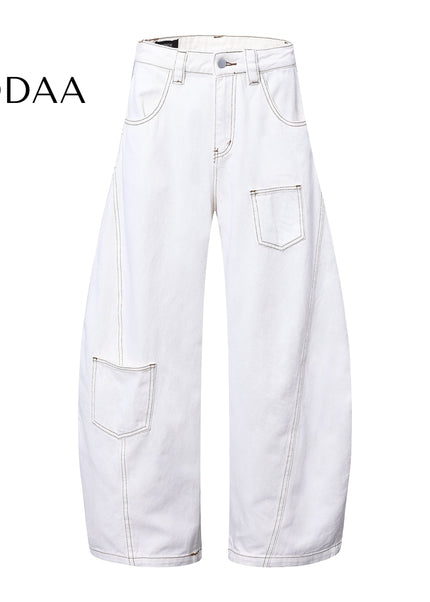 Black Deconstructed Topstitch Wide-Leg Cargo Jeans - S / White - Women’s Jeans