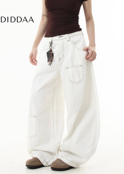 Black Deconstructed Topstitch Wide-Leg Cargo Jeans - Women’s Jeans