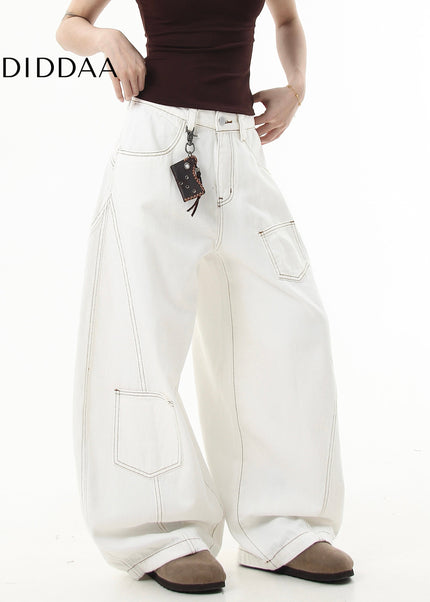 Black Deconstructed Topstitch Wide-Leg Cargo Jeans - Women’s Jeans