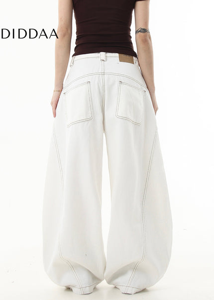 Black Deconstructed Topstitch Wide-Leg Cargo Jeans - Women’s Jeans