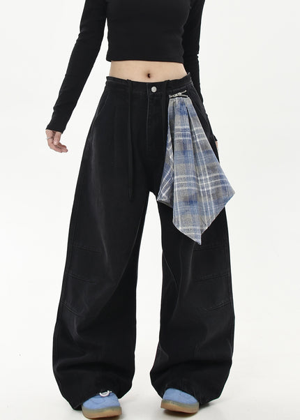 Black Detachable Checked Scarf Scimitar Dance Pants - Women’s Jeans