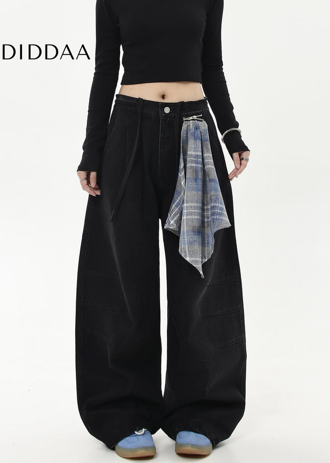 Black Detachable Checked Scarf Scimitar Dance Pants - Women’s Jeans