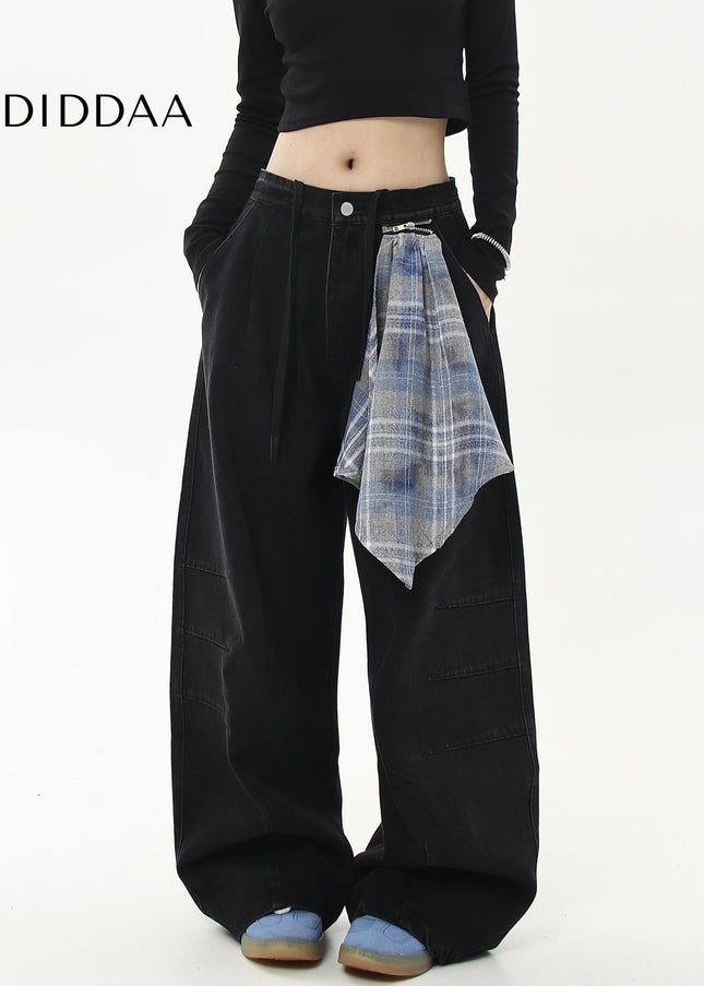 Black Detachable Checked Scarf Scimitar Dance Pants - Women’s Jeans