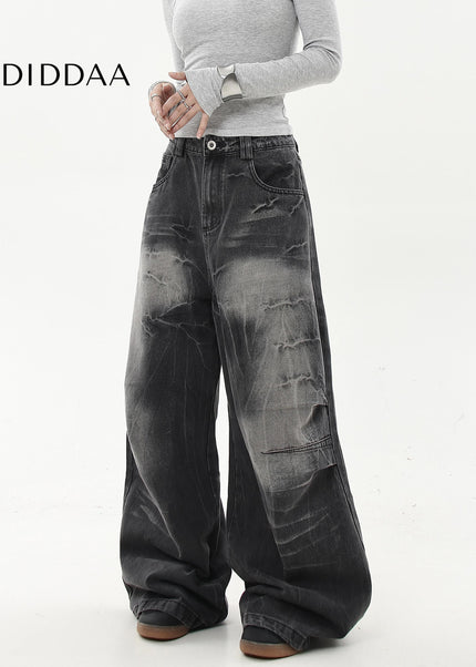 Black Distressed Gradient Lightning Stripe Wide-Leg Jeans - Women’s Jeans