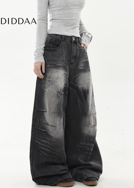 Black Distressed Gradient Lightning Stripe Wide-Leg Jeans - Women’s Jeans