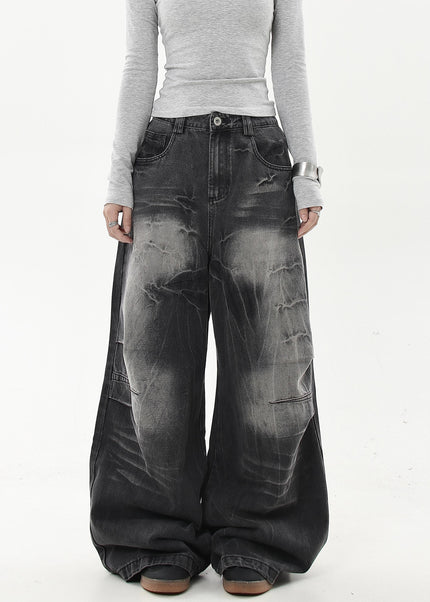 Black Distressed Gradient Lightning Stripe Wide-Leg Jeans - Women’s Jeans